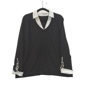 Chico's Black V-Neck Layered Look Sweater Pearl Cuff Detail Size 4 XXL